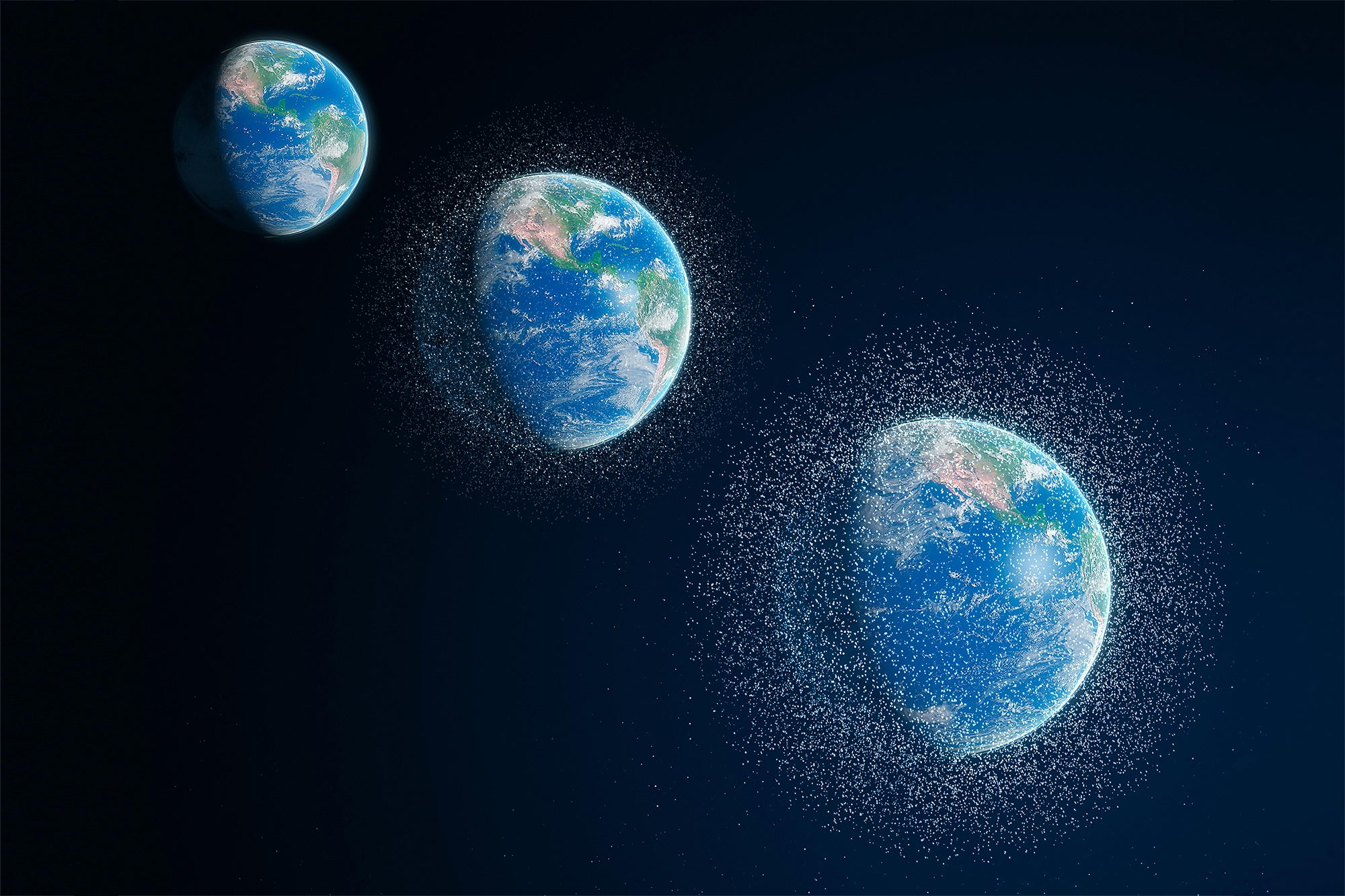 Illustration showing the growing problem of space junk with three representations of Earth at different time periods, from the 1950s on the top left with no debris to the present day on the bottom right with a significant amount of space debris