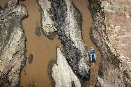 Aerial view as a small boat passing through narrow brown water channels within the Amazon River.