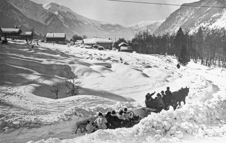 Horse-drawn carriage tows people on a bobsleigh through a snowy landscape as a dog follows behind.