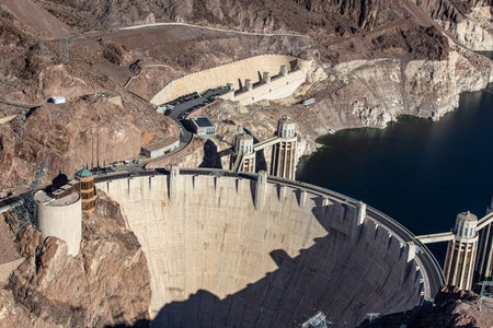 Aerial view of dam with low water levels