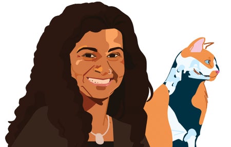 Illustration of Anjali Goswami holding a cat.