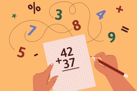 Illustration of an artist's concept showing a person holding a pencil, performing a mathematical calculation on a sheet of paper while numbers and symbols float around in the space above the paper